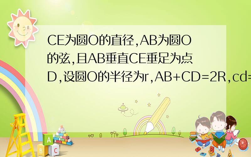 CE为圆O的直径,AB为圆O的弦,且AB垂直CE垂足为点D,设圆O的半径为r,AB+CD=2R,cd=1,求圆的半径